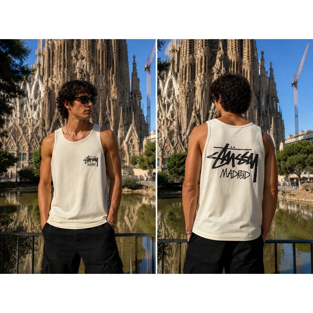 Vintage Stussy Madrid Tank Top Mens 2XL Cream Double Sided Chapter Logo Cut Tag